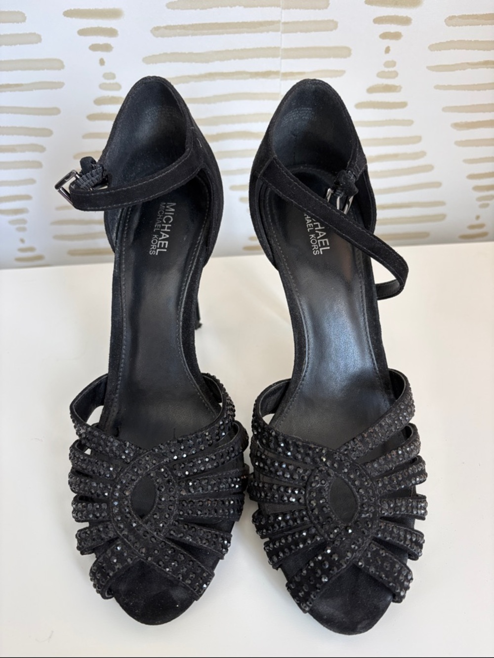Michael Kors Black Crystal-Strap Peep-Toe Ankle Heels